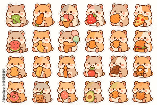 Cute cartoon hamsters enjoying various foods and snacks