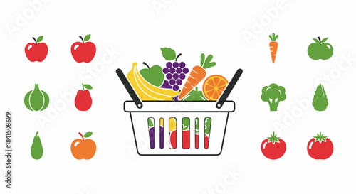 Colorful flat design illustration of a shopping basket overflowing with fresh fruits and vegetables, surrounded by various produce icons for healthy eating and