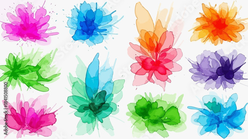 Vibrant colorful flowers on white background in watercolor style with soft petals and delicate brushstrokes in pink blue