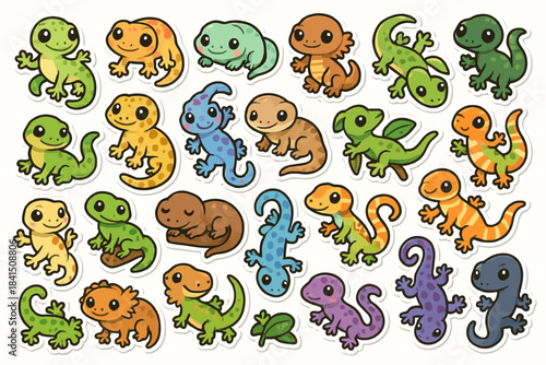 Colorful cartoon lizards with varied patterns and expressions