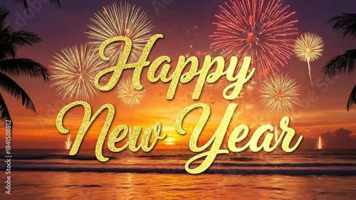 Spectacular New Year's Celebration on Tropical Beach with Fireworks Display at Dusk