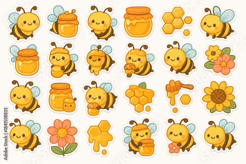 Cute bee and honey themed sticker set with flowers and hexagons