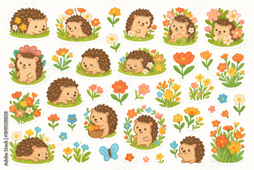 Cute hedgehogs and colorful flowers cartoon stickers collection