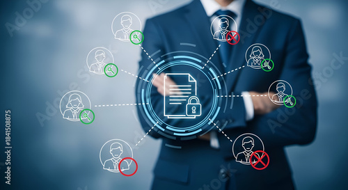 Corporate manager oversees secure document access control system granting permissions to authorized personnel while denying entry to unauthorized users in a digital network environment