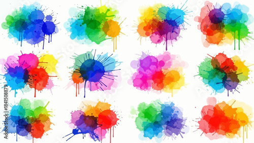 Vibrant colorful paint splatters on white background artistic creative design elements