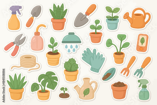 Colorful gardening stickers of tools and plants in pots