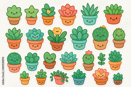 Cute cartoon succulent stickers with smiling faces in colorful pots