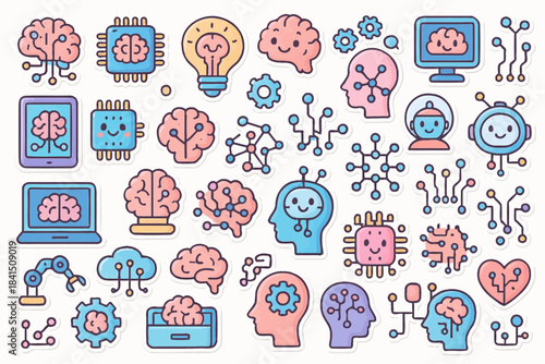 Colorful brain-themed technology icons with machines and computers