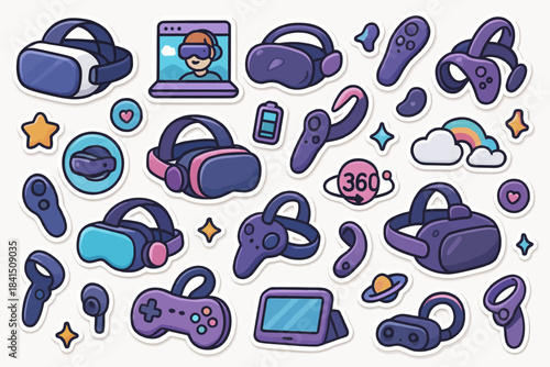Collection of colorful virtual reality and gaming stickers