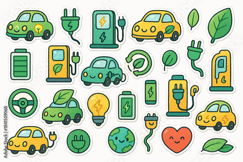 Eco-friendly electric transportation icons featuring cars and charging stations