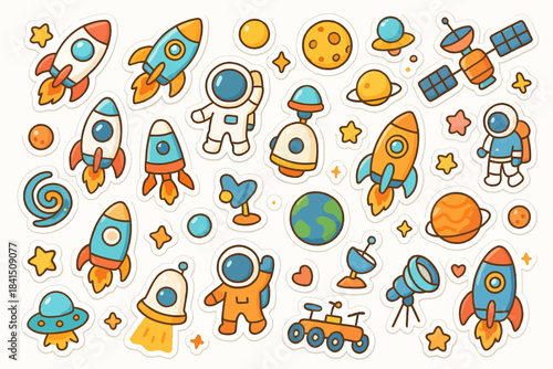 Colorful space exploration stickers: rockets, astronauts, planets, and telescopes