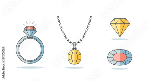 Colorful flat line art jewelry set with sparkling diamond ring, golden pendant necklace, and precious gemstones.