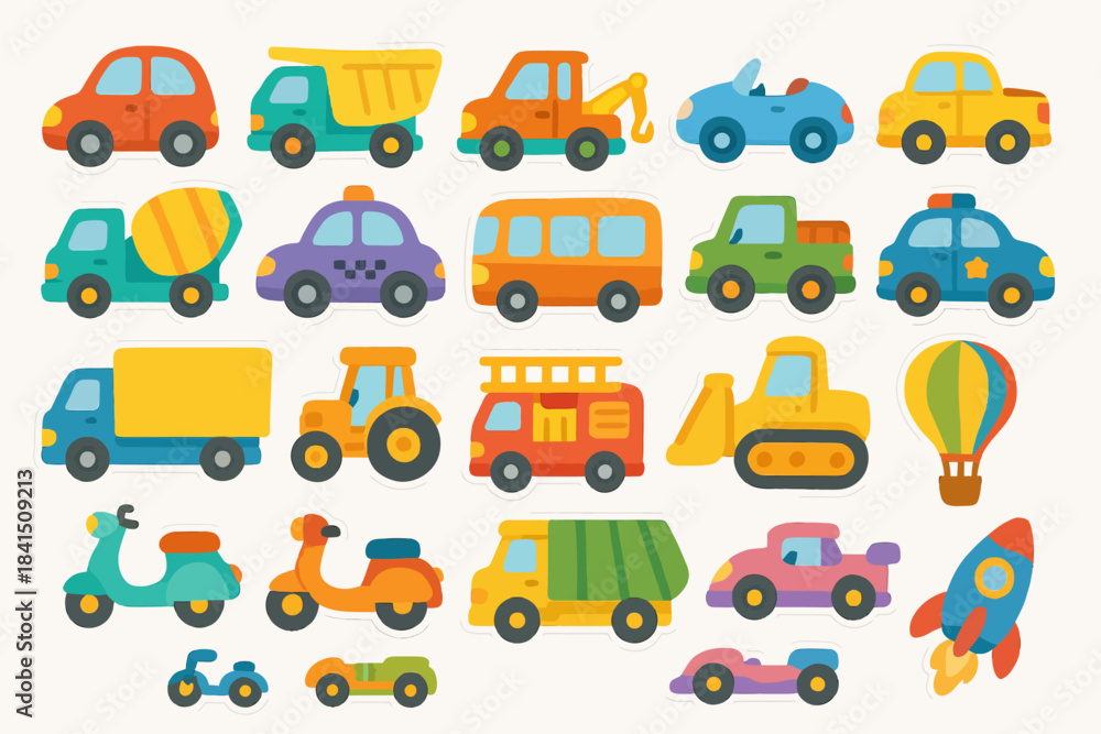 Naklejka premium Colorful vehicle stickers: cars, trucks, buses, and more for kids