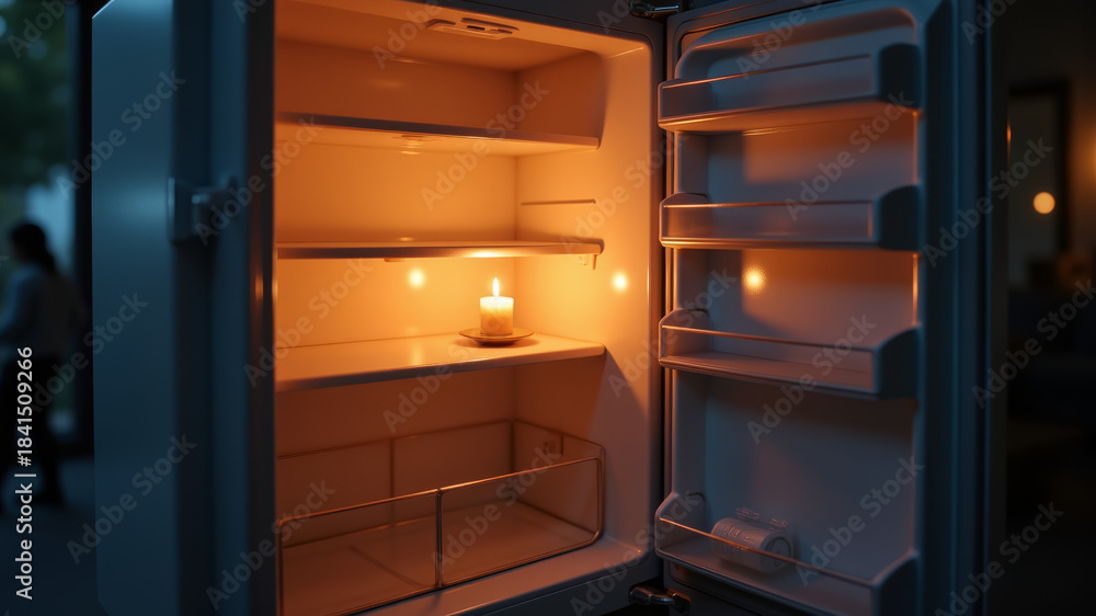 Fototapeta premium Empty open refrigerator with candle during winter power outage