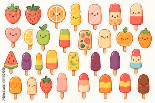 Cute cartoon popsicles and fruits with smiling faces