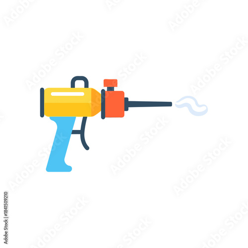 Colorful Foam Gun Dispensing White Foam, Construction Tool, Bright Yellow and Blue.