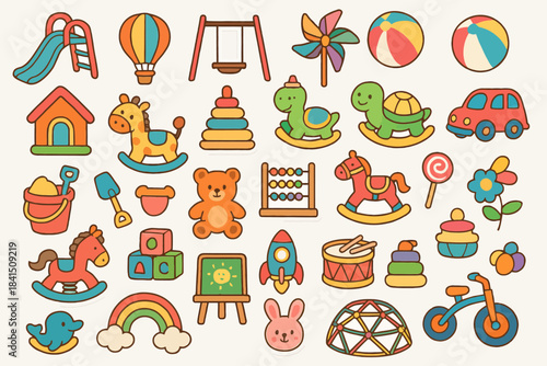 Colorful cartoon toy collection with animals and playful objects for children
