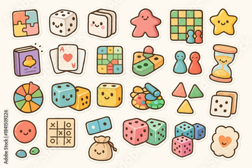 Colorful cute board game icons with smiling faces and fun designs