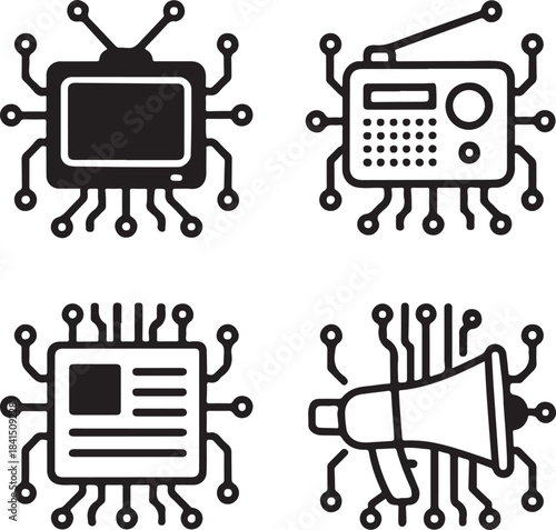 Isolated Mass Media Circuit System Icons, Mass Media Circuit System, Smart Chip Lines, Digital Connections, Minimal Tech Paths, Solid Black Circuits, Editable Vector