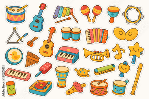 Colorful collection of cartoon musical instruments for kids