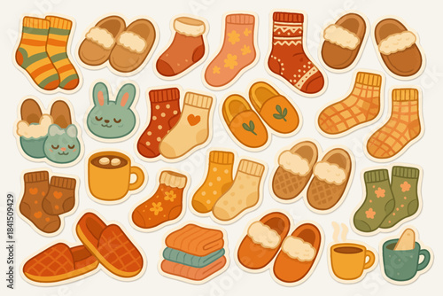 Colorful cozy socks and slippers with hot drinks and scarves
