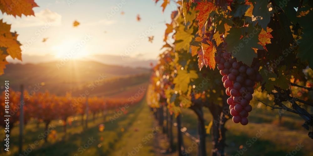Fototapeta premium Vineyard scene during fall with colorful foliage, highlighting seasonal agricultural activity