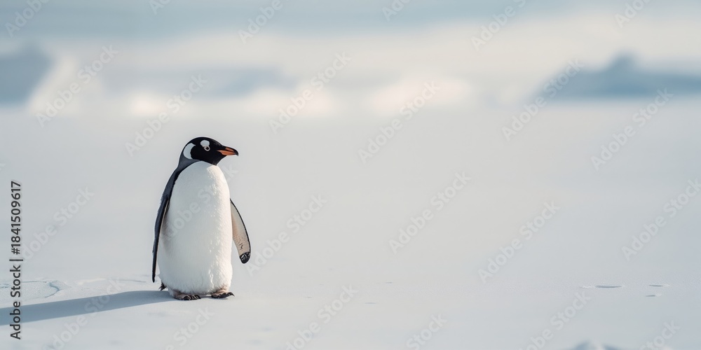 Naklejka premium Gentoo penguin navigating icy terrain in Antarctica, highlighting species survival in harsh environments