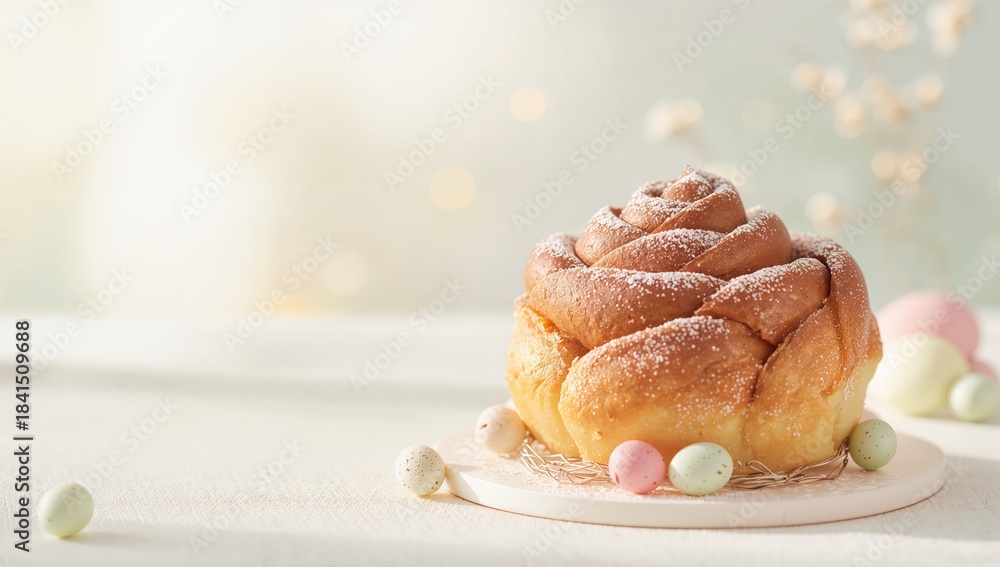 Naklejka premium Flower-shaped cinnamon buns dusted with powdered sugar, designed for bakery presentation