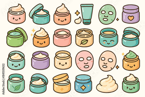 Cute cartoon skincare icons: cream jars, face masks, tubes, and whipped cream