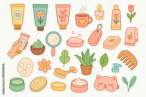 Colorful skincare and self-care stickers with plants and beauty accessories