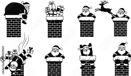 Black Silhouettes of Santa Claus with Gifts Going Down Chimneys, Isolated for Christmas Holiday Season Decorations and Icons