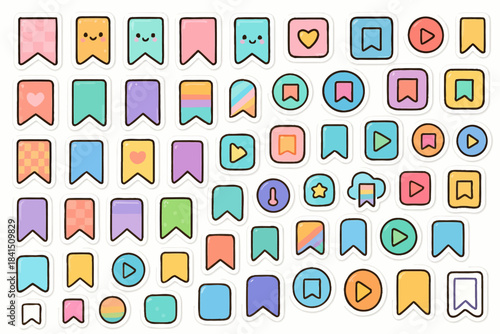Colorful set of cute pastel bookmarks and icons with playful designs