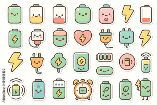Cute battery and energy icons with smiling faces and power symbols