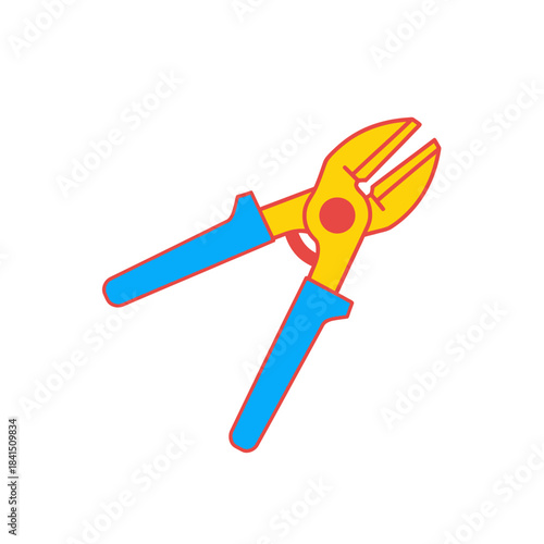 Colorful cartoon wire cutters with bright yellow jaws and blue plastic handles.
