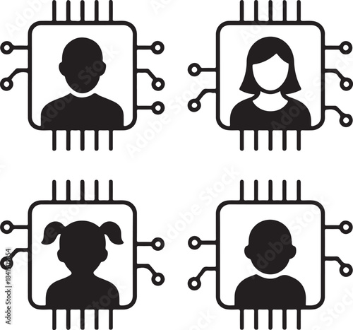 Isolated Family Circuit System Icons, Family Circuit System, Smart Chip Lines, Digital Connections, Minimal Tech Paths, Solid Black Circuits, Editable Vector