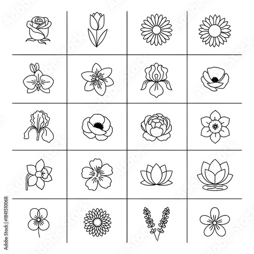 Collection of Silhouetted Flower Icons for Design and Decoration