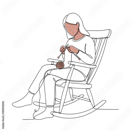 Woman knitting in rocking chair, line art style, cozy handmade hobby