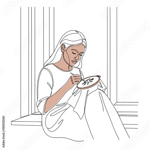 Woman embroidering by window, line drawing, neutral tones, mindful hobby
