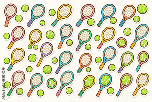 Colorful pattern of tennis rackets and balls on light background