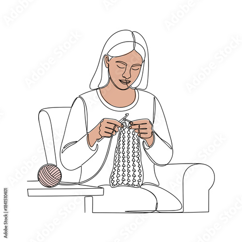 Woman knitting on armchair, line drawing in soft tones, slow relaxing hobby