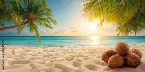 Fototapeta Naklejka Na Ścianę i Meble -  Coconut fruits on a tropical palm with sandy beach and Caribbean sea, highlighting natural landscape features