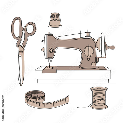 Sewing tools and machine, line drawing in brown tones, craft essentials set