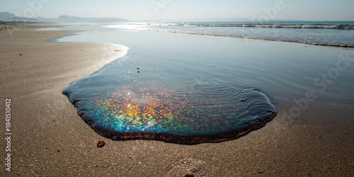 Oil spill pattern on sandy beach surface used for environmental cleanup planning