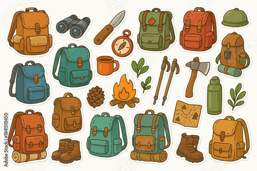 Colorful camping gear stickers featuring backpacks, binoculars, and campfire