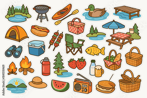 Collection of outdoor picnic and camping cartoon stickers