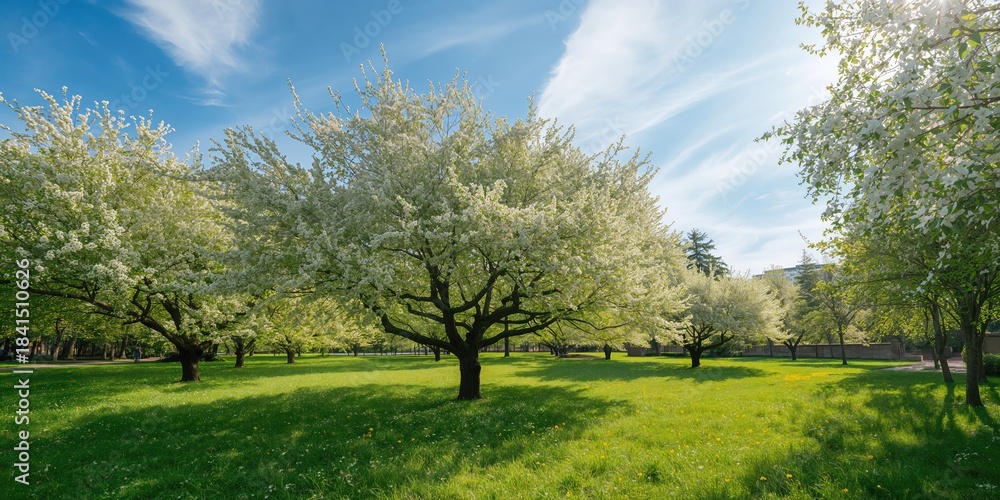 Naklejka premium Apple trees blooming in a Minsk park during summer, serving as a natural background for landscape design