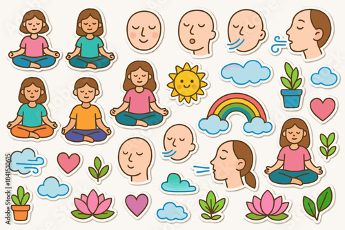 Female yoga and meditation stickers with nature elements and breathing exercises