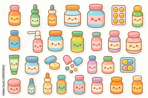 Cute cartoon medicine bottles and pills with smiling faces