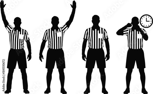 Set of Basketball Referee Silhouettes in Striped Uniforms, Making Foul and Timeout Signals, Isolated for Sports Graphics