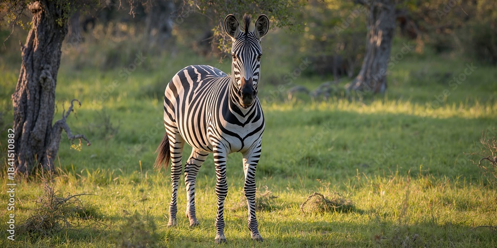 Obraz premium Zebra with striped pattern grazing in a paddock, natural environment highlighting wildlife, World Wildlife Day